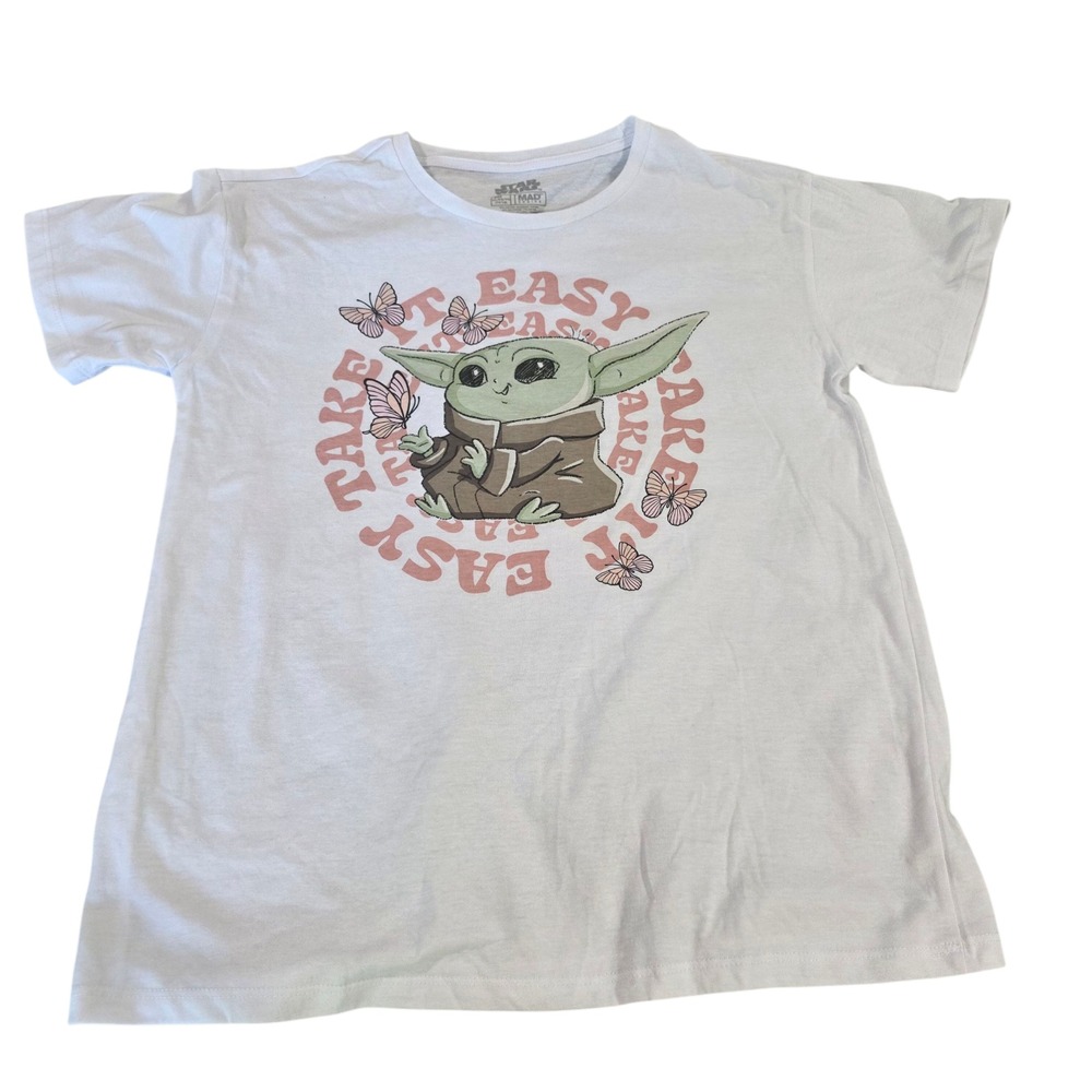 Star Wars Girls Top White XL Crew Neck Baby Yoda Grogu Take It Easy Graphic Tee